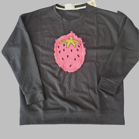 Black jacket with a pink strawberry patch 